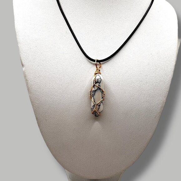 Wire-Wrapped Howlite Pendant Necklace On Black Cord With Adjustable Chain - Picture 1 of 6